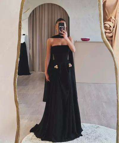 Gorgeous black satin Evening Dresses with shawl strapless gala dresses for women gold beaded pearls sweep train dresses