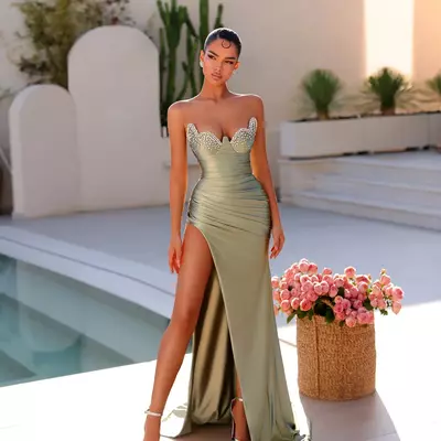 Elegant sage mermaid prom dress beaded sweetheart evening dresses sleeveless pleats split dresses 