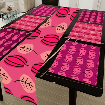 Pink leaf pattern 7-piece table runner & placemat set - halloween & thanksgiving