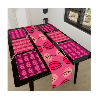 Pink leaf pattern 7-piece table runner & placemat set - halloween & thanksgiving
