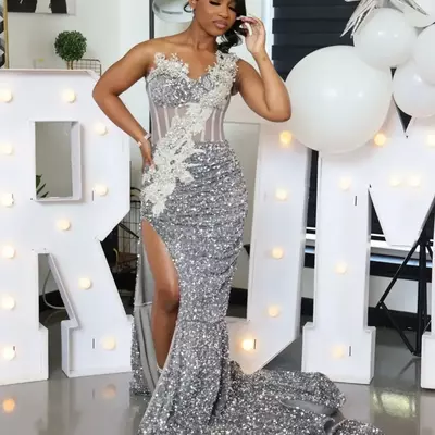 Aso ebi silver mermaid prom dresses 2025 one shoulder crystals sequined evening party second birthday engagement gowns plus size dress