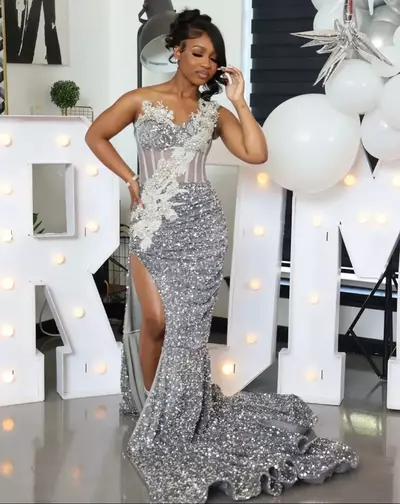 Aso Ebi Silver Mermaid Prom Dresses 2025 One Shoulder Crystals Sequined Evening Party Second Birthday Engagement Gowns Plus Size Dress