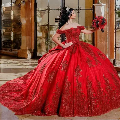 Red sparkly sequined appliques quinceanera dresses ball gown off the shoulder bow princess for sweet 15 birthday party dress