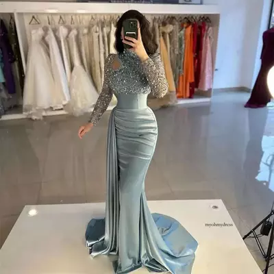 Elegant women's evening dresses long sleeved high necked mermaid muslim princess prom gowns arabic dubai formal dress