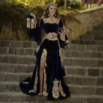 Navy blue morocco kaftan formal evening with detachable skirt two pieces long sleeve mermaid veet prom gown arabic party dress