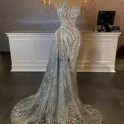 Sparkly mermaid prom dress v neck sleeveless sequins 3d lace hollow side slit shine beaded appliques evening dresses custom made