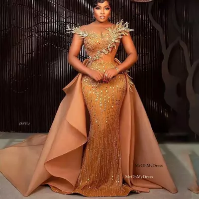 Exquisite african dubai evening dresses shiny sleeveless mermaid prom dress detachable train beading crystal formal party gowns 