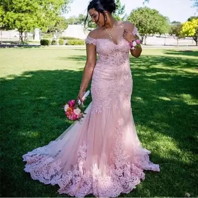 Elegant Plus Size Off The Shoulder Pink Evening Dresses Lace Appliques Mermaid New Women Formal Prom Party Gowns Sweep Train
