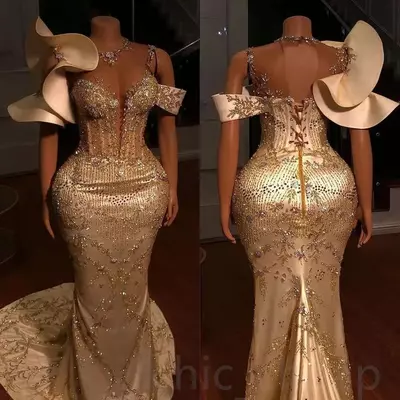 Arabic aso ebi gold mermaid prom dresses lace beaded sexy evening formal party second reception birthday engagement gowns dress
