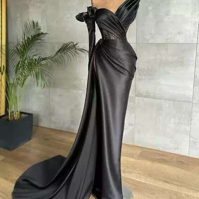 Sexy black high side split evening dress sheer jewel neck satin lace mermaid prom dresses party wear custom made long sleeve robe