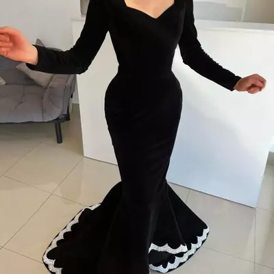 Elegant black veet mermaid evening dresses lace edge sleeves party prom pleats long dress for red carpet special ocn