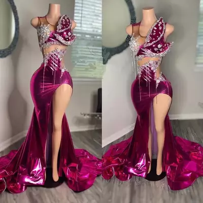 Fuchsia pink mermaid prom formal dress for women black girl sparkly sheer crew neck crystal beaded sexy slit vestidos de festa evening gowns