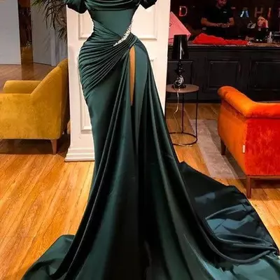 Elegant dark green mermaid evening dresses stunning off-the-shoulder mermaid prom dress ruffles with high split long party dress