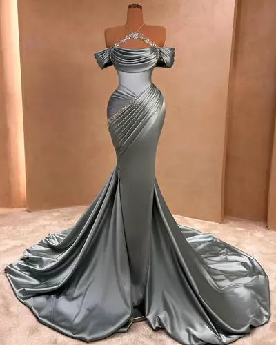 Gorgeous Gray Mermaid Prom Dresses Sexy Halter Nack Spaghetti Off Shoulder Pleats Long Women Occasion Party Evening Gowns Formal Vestidos 