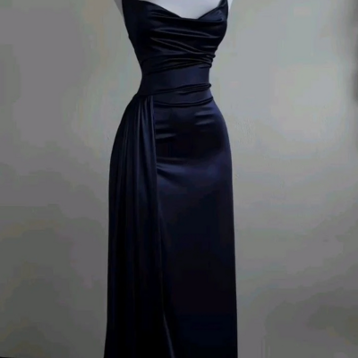 Sheath a line navy blue satin prom dresses for party - Thumbnail 1