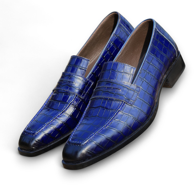 Crafted leather handmade men blue crocodile moccasin dress shoes