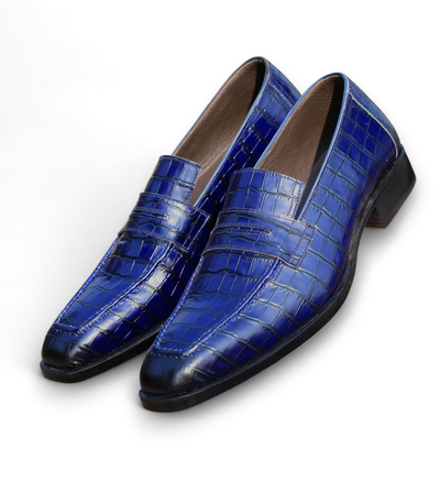 Crafted Leather Handmade Men Blue Crocodile Moccasin Dress Shoes