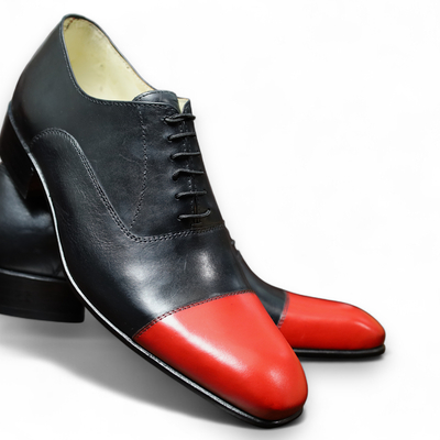 Crafted leather handmade me dress shoes in black red leather - Thumbnail 1