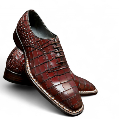 Crafted leather brown genuine crocodile texture leather lace up shoes