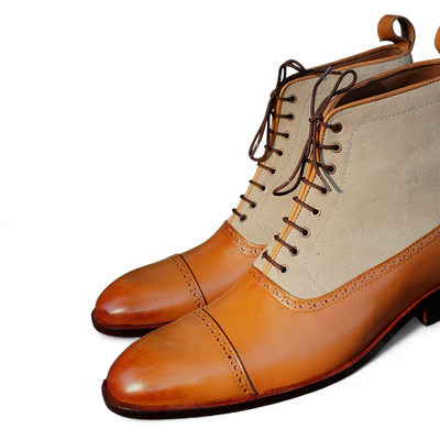 Crafted leather handmade brown leather beige suede ankle high lace up boot