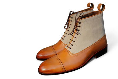 Crafted Leather Handmade Brown Leather Beige Suede Ankle High Lace up Boot