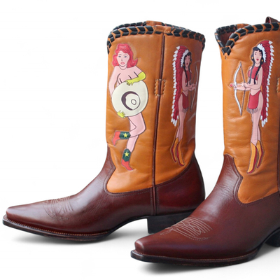 Crafted leather classic brown leather women fashion ankle cowboy pointed toe boot 