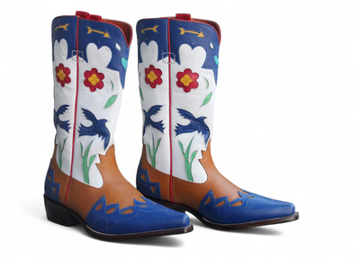 Crafted Leather Classic Tri- Tone Leather Fashion Ankle Cowboy Pointed Toe Boot 