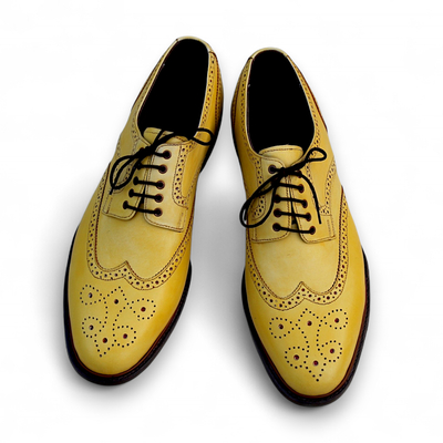 Crafted leather elegant yellow wingtip oxford dress shoes - Thumbnail 1