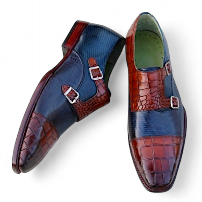 Crafted leather classic luxury brown blue crocodile leather monk strap dress shoes - Thumbnail 1