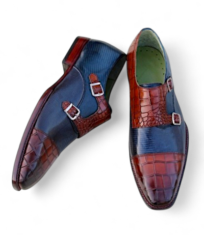 Crafted Leather Classic Luxury Brown Blue Crocodile Leather Monk Strap Dress Shoes