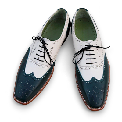 Crafted leather classic green white leather wingtip oxford dress shoes - Thumbnail 1