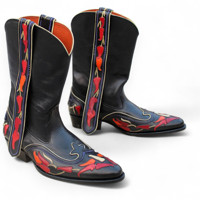 Crafted leather classic black fancy designer cowboy ankle high wingtip boot