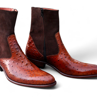 Crafted leather classic brown ostrich suede leather ankle high cowboy boot