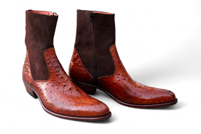 Crafted Leather Classic Brown Ostrich Suede Leather Ankle High Cowboy Boot