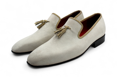 Crafted Leather Classic Men White Suede Leather Tassel Loafers Dress Shoes