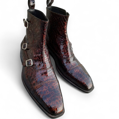 Crafted leather brown crocodile texture leather triple buckle jodhpur boot