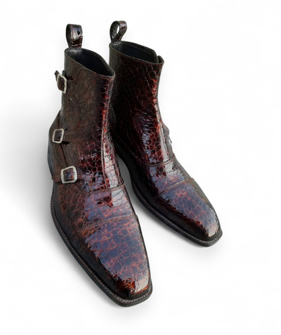 Crafted Leather Brown Crocodile Texture Leather Triple Buckle Jodhpur Boot
