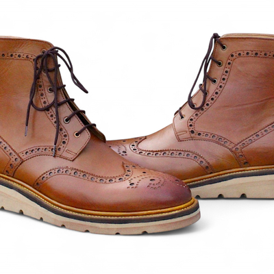 Crafted leather classic men brown leather ankle high lace up wingtip balmoral dress boot