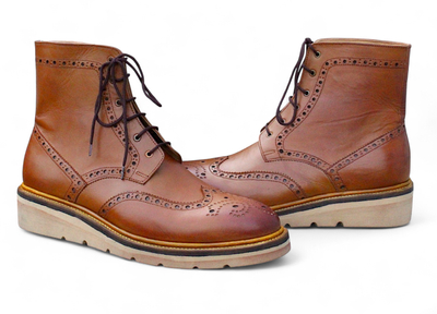 Crafted Leather Classic Men Brown Leather Ankle High Lace up Wingtip Balmoral Dress Boot