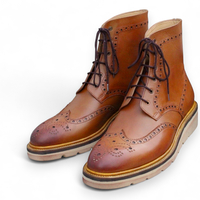 Crafted Leather Classic Men Brown Leather Ankle High Lace up Wingtip Balmoral Dress Boot - Thumbnail 1