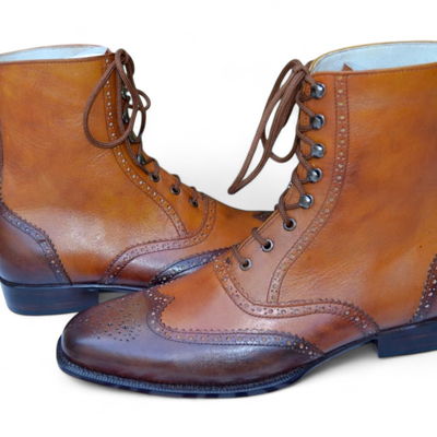 Crafted leather brown leather dress shoes men wingtip ankle high boot