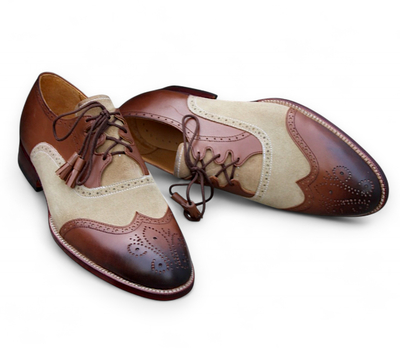 Crafted Leather Handmade Brown Leather Beige Suede Ghillie Lacing Wingtip Oxford Dress Shoes