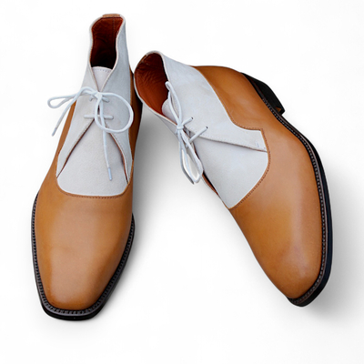 Crafted leather bespoke men dress shoes brown white leather chukka boot