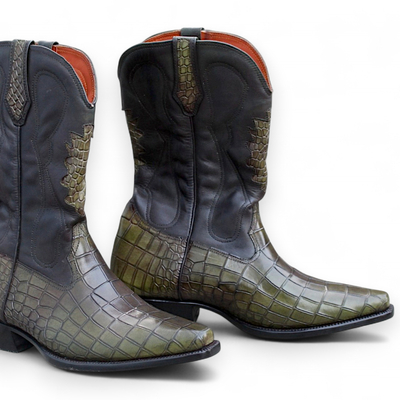 Crafted leather classic men fashion green crocodile/alligator patina cowboy ankle long boot