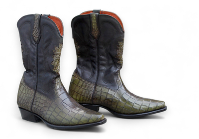 Crafted Leather Classic Men Fashion Green Crocodile/Alligator Patina Cowboy Ankle Long Boot