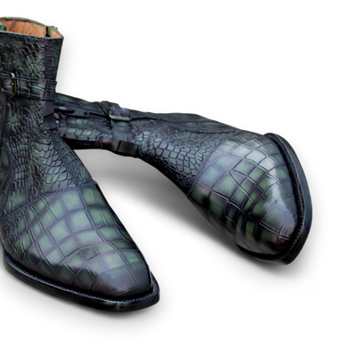 Crafted leather bespoke dress shoes green classic crocodile/alligator jodhpur buckle strap boot