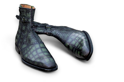 Crafted Leather Bespoke Dress Shoes Green Classic Crocodile/Alligator Jodhpur Buckle Strap Boot