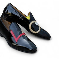 Crafted Leather Handmade Black Patent Leather Designer Loafers Moccasin Dress Shoes - Thumbnail 1