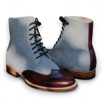 Crafted leather handmade men brown tweed leather ankle high wingtip dress boot