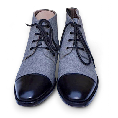 Crafted leather handmade black leather gray flannel fabric grain leather chukka lace up boot